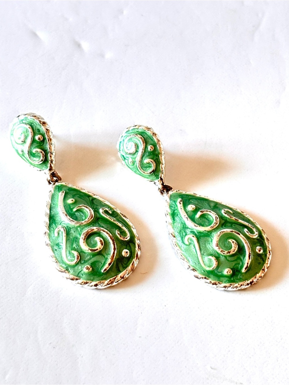🌷5/25$ Vintage hanging earrings in green enamel and silver metal